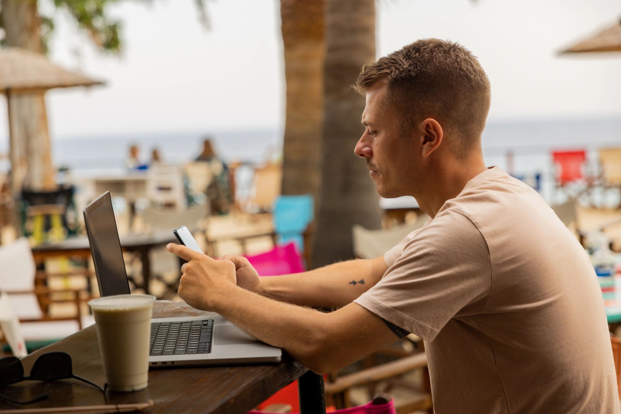 Traveler planning a trip on a laptop